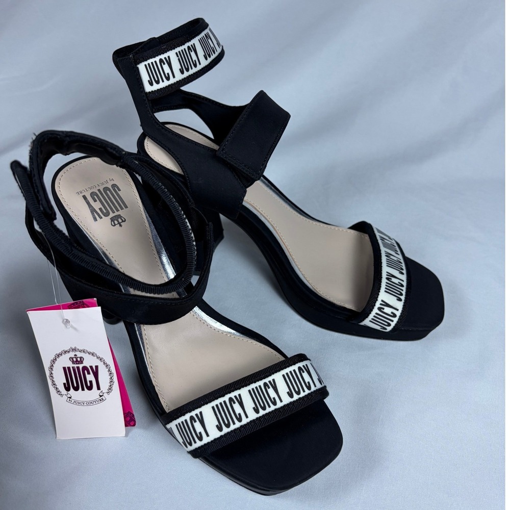 Juicy Couture J-Glissa Black Logo Platform Block Heel Sandals Womens 8.5